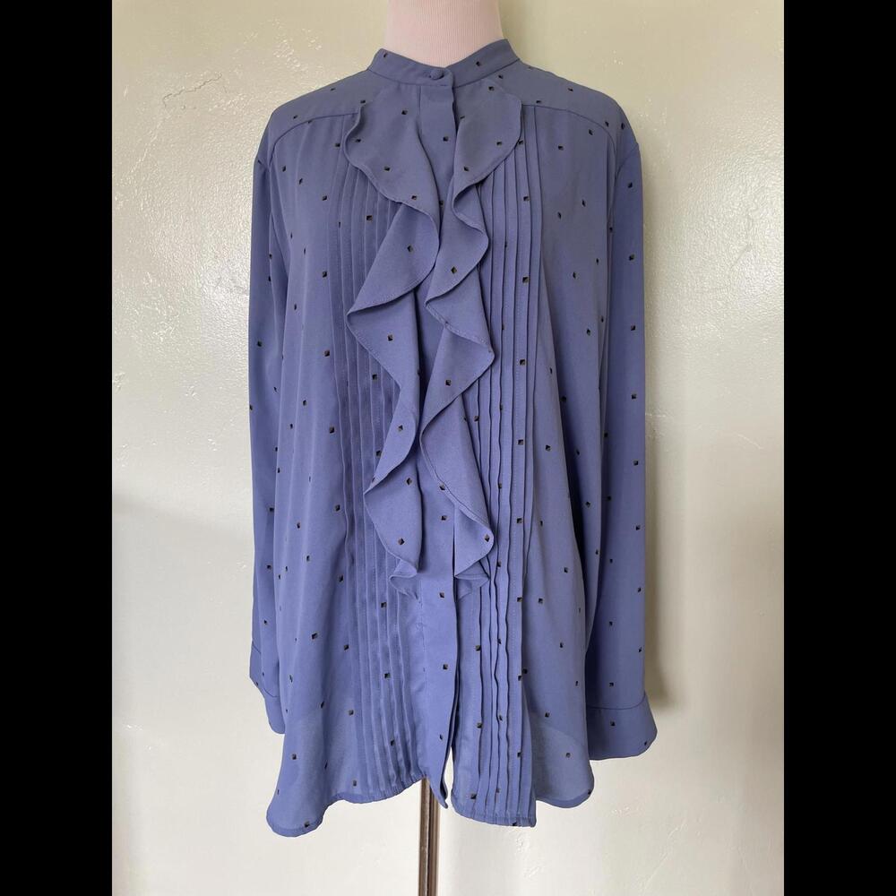 Ann Taylor Ruffle Long Sleeve Polka Dot Blue Blouse Top Shirt XL 20-0167